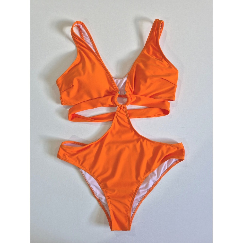 Vibrant Orange Cutout Monokini O-Ring Rhinestone One Piece Swimsuit Womens NWOT